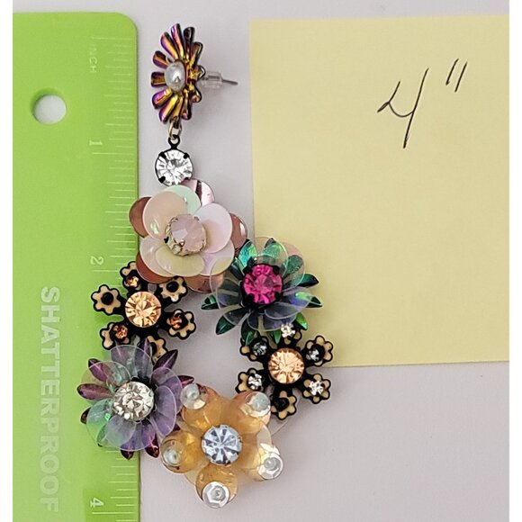 Floral, Plastics, Glass Bead, Sequin Artisan Post Drop Dangle Earrings - Picture 9 of 10